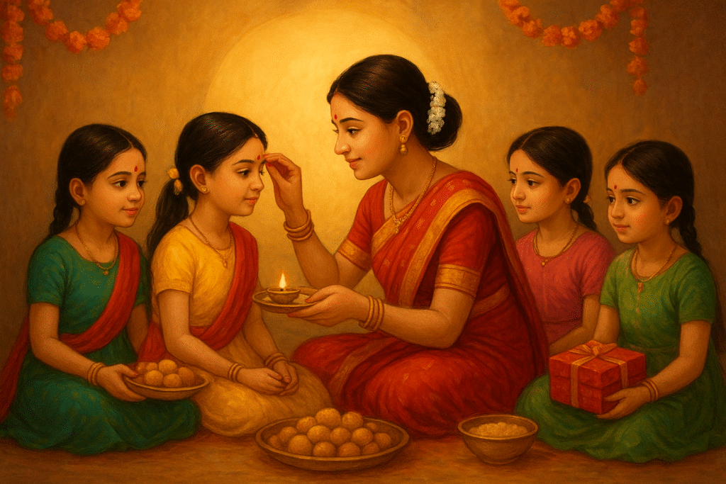 Kanya Pujan during Navratri where young girls are worshipped, offered food, and given gifts as part of Navratri traditions